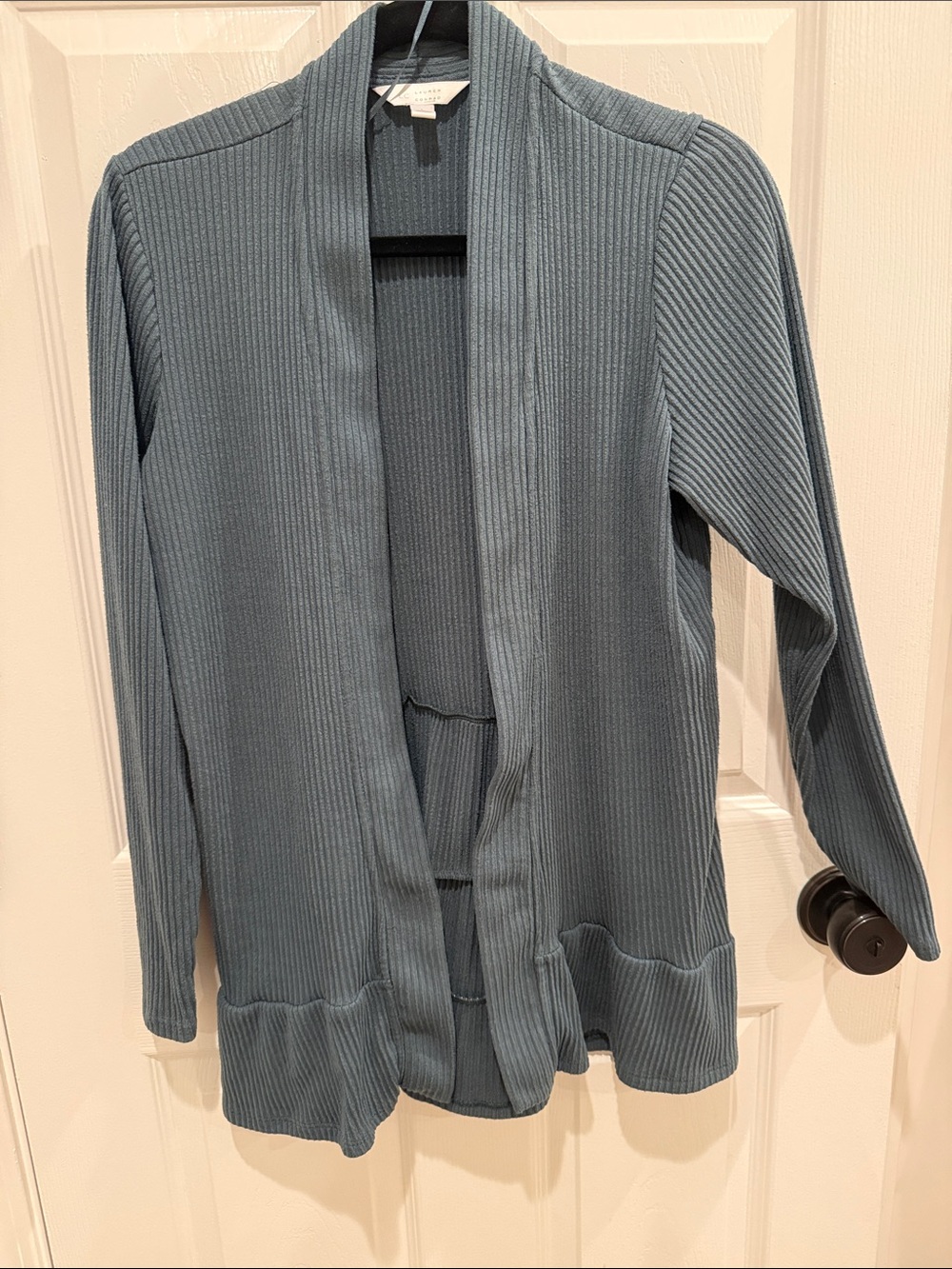 LC Lauren Conrad Ribbed Open-Front Cardigan in Slate Green-Grey